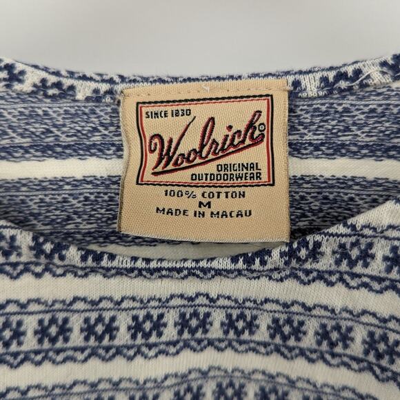 Woolrich 100% Cotton Fair Isle Stripe T-Shirt Blue White Vintage Medium - Picture 3 of 3